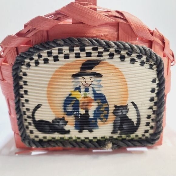 Vintage Orange Wicker Hand Painted Halloween Witch Cat Basket - Picture 6 of 12
